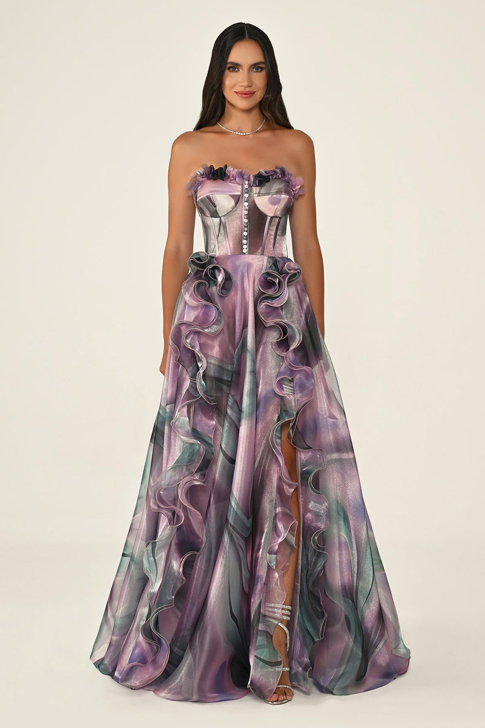 Strapless Corset Waist Double Slit Ruffled Organza Long Dress