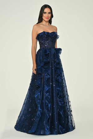Strapless Corset Waist Double Slit Tulle Long Dress