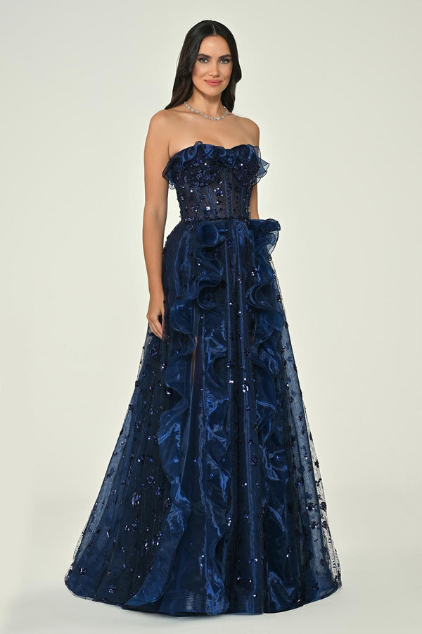 Strapless Corset Waist Double Slit Tulle Long Dress