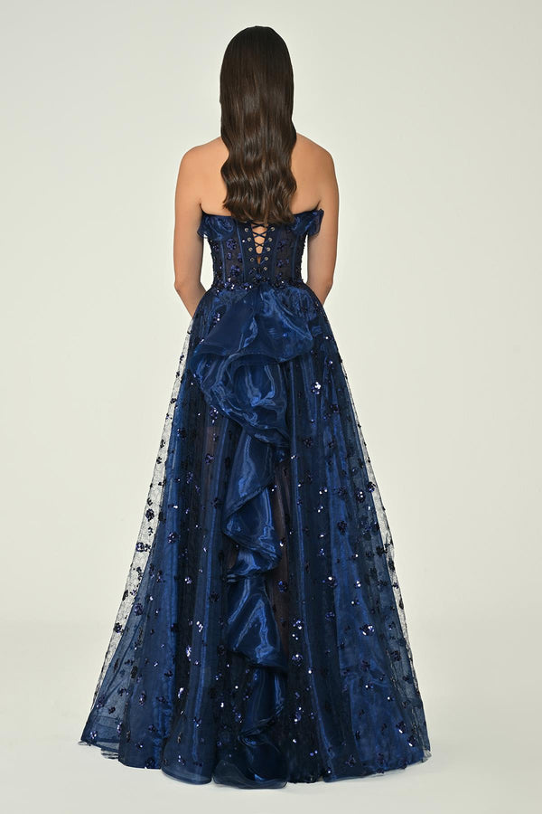 Strapless Corset Waist Double Slit Tulle Long Dress
