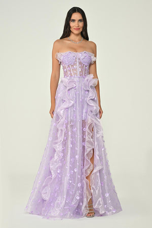 Strapless Corset Waist Double Slit Tulle Long Dress