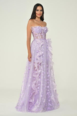 Strapless Corset Waist Double Slit Tulle Long Dress