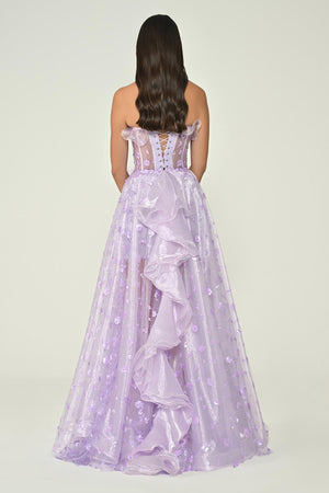 Strapless Corset Waist Double Slit Tulle Long Dress