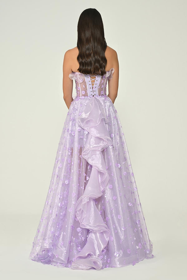 Strapless Corset Waist Double Slit Tulle Long Dress
