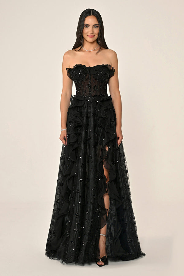 Strapless Corset Waist Double Slit Tulle Long Dress