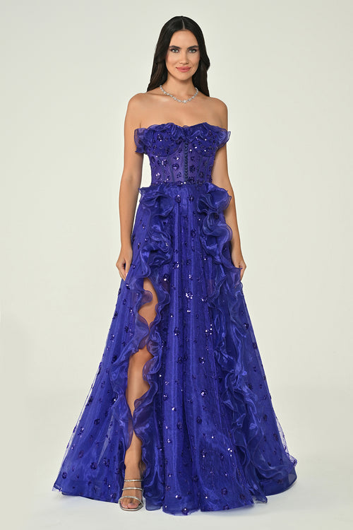 Strapless Corset Waist Double Slit Tulle Long Dress