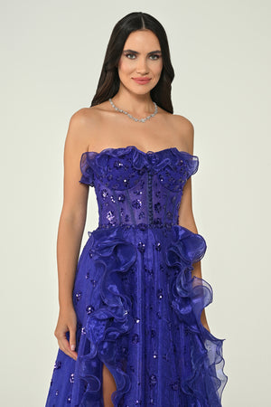Strapless Corset Waist Double Slit Tulle Long Dress