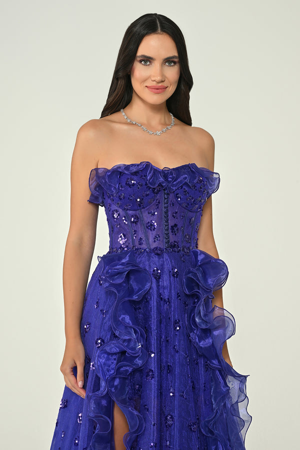 Strapless Corset Waist Double Slit Tulle Long Dress