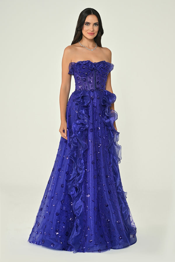 Strapless Corset Waist Double Slit Tulle Long Dress