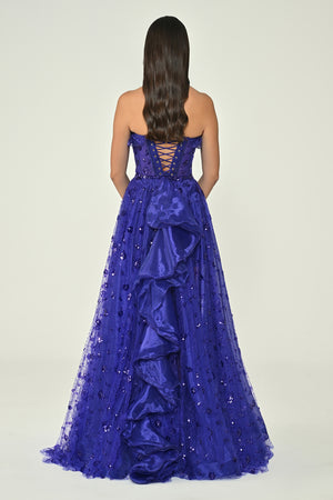 Strapless Corset Waist Double Slit Tulle Long Dress