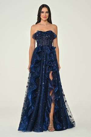 Strapless Corset Waist Double Slit Tulle Long Dress