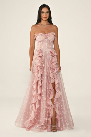 Strapless Corset Waist Double Slit Tulle Long Dress