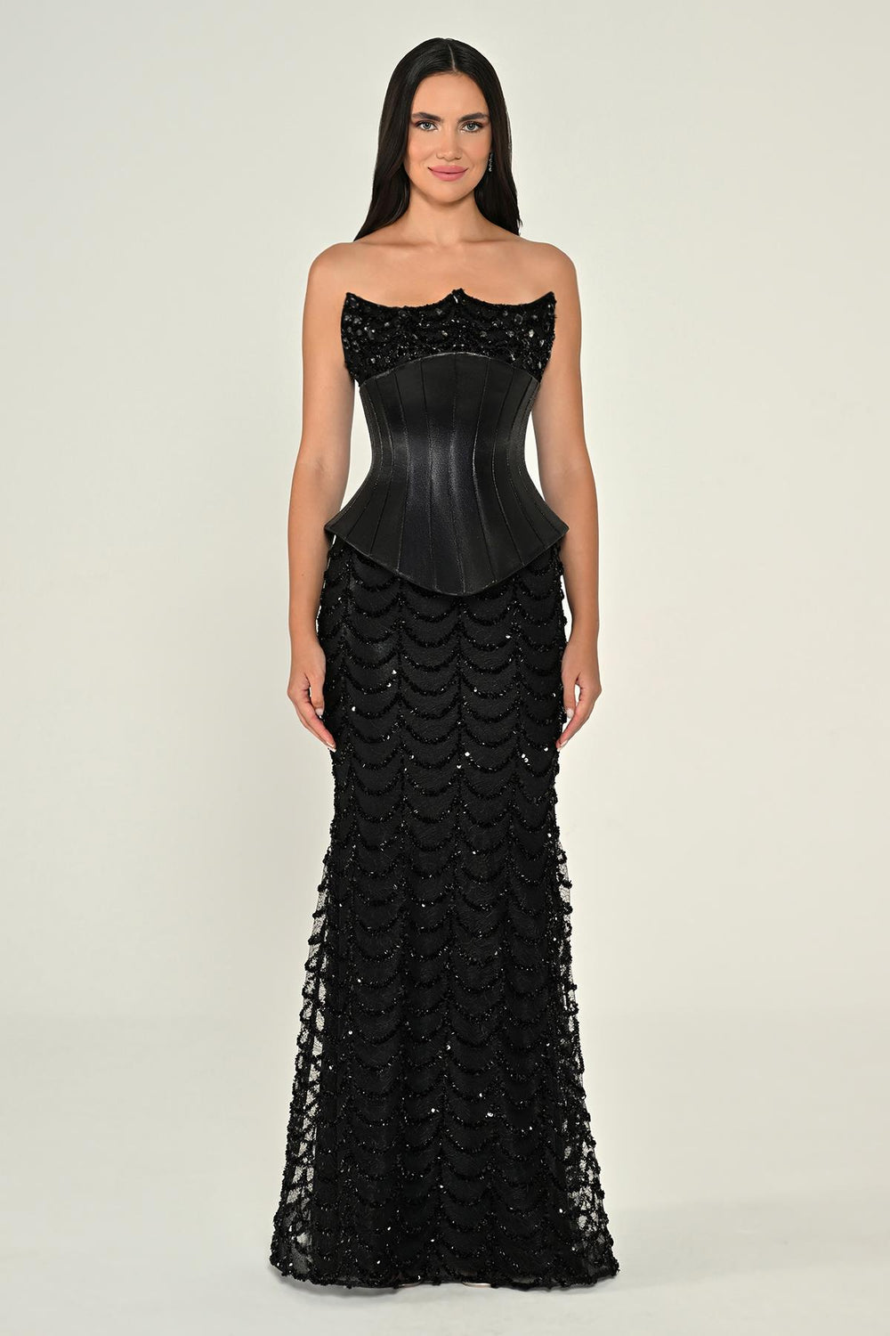 Strapless Corset Waist Sequin Long Dress