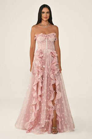 Strapless Corset Waist Double Slit Tulle Long Dress