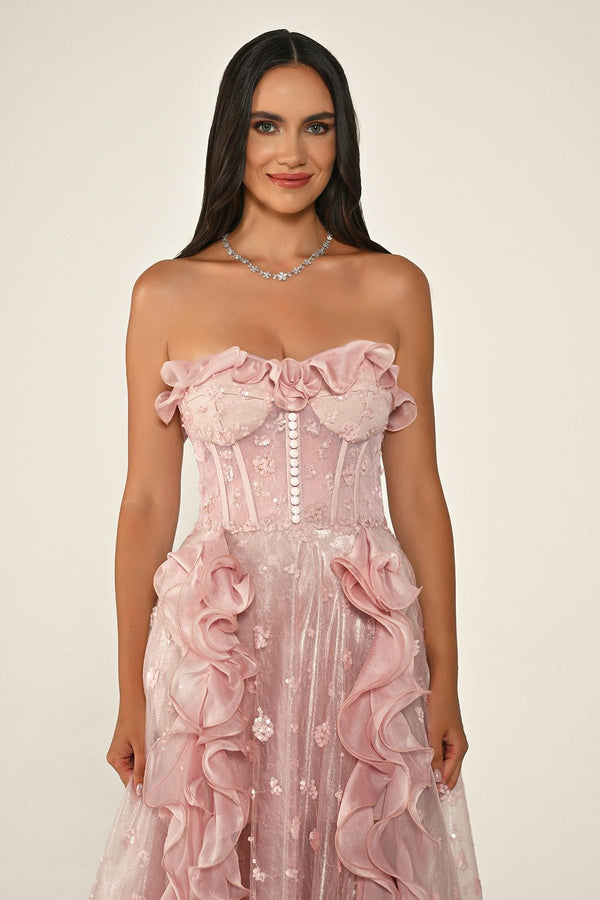 Strapless Corset Waist Double Slit Tulle Long Dress