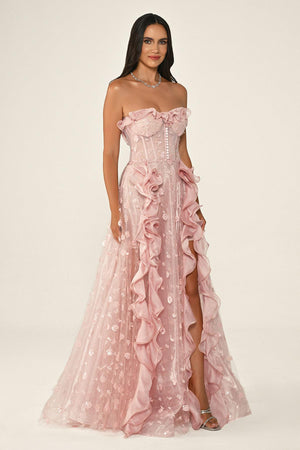 Strapless Corset Waist Double Slit Tulle Long Dress
