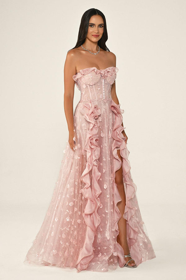 Strapless Corset Waist Double Slit Tulle Long Dress