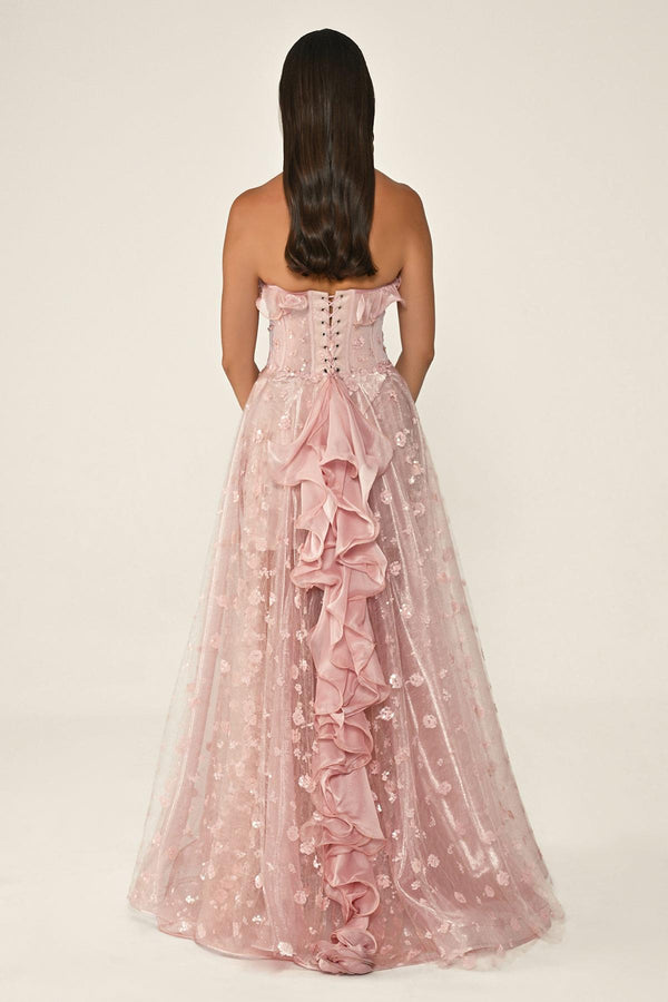 Strapless Corset Waist Double Slit Tulle Long Dress