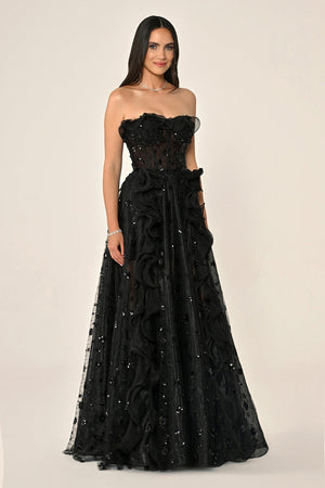 Strapless Corset Waist Double Slit Tulle Long Dress