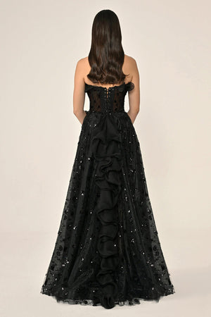 Strapless Corset Waist Double Slit Tulle Long Dress