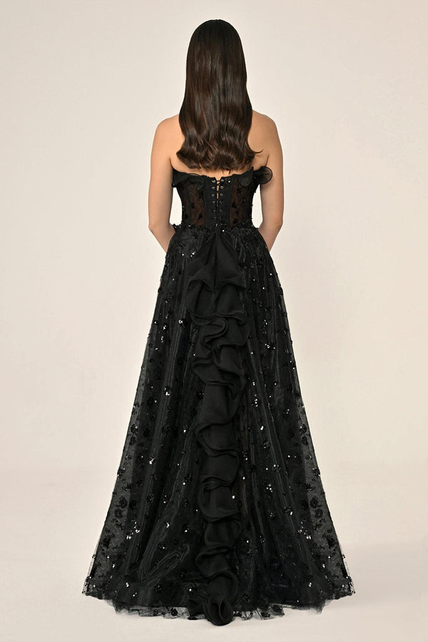 Strapless Corset Waist Double Slit Tulle Long Dress