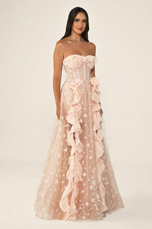 Strapless Corset Waist Double Slit Tulle Long Dress
