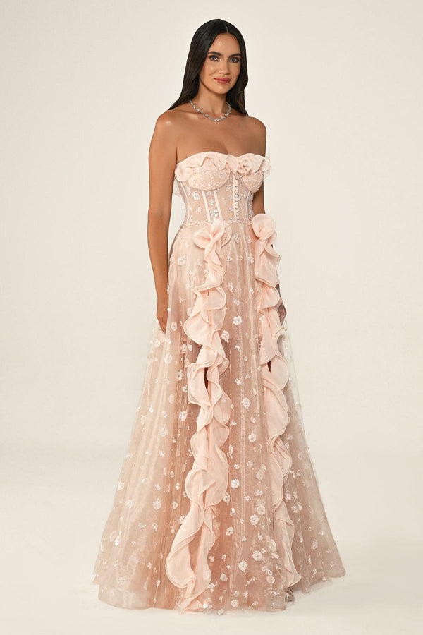 Strapless Corset Waist Double Slit Tulle Long Dress