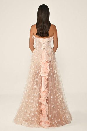Strapless Corset Waist Double Slit Tulle Long Dress