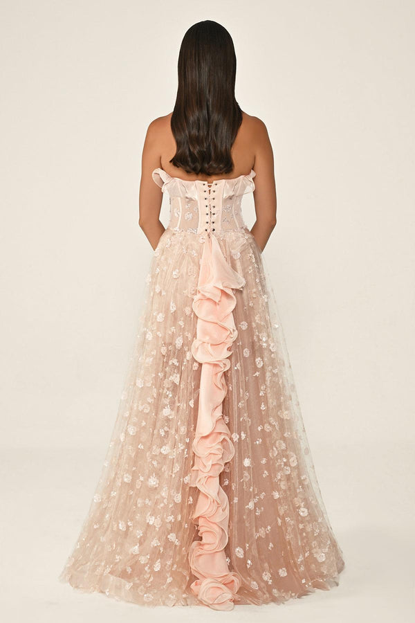 Strapless Corset Waist Double Slit Tulle Long Dress