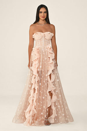 Strapless Corset Waist Double Slit Tulle Long Dress