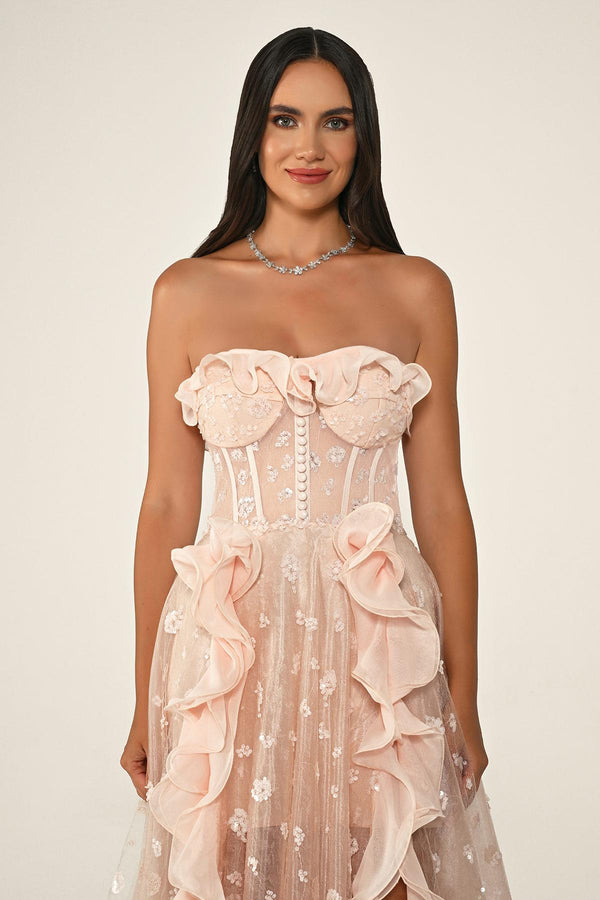 Strapless Corset Waist Double Slit Tulle Long Dress