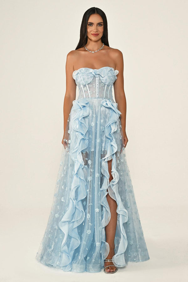 Strapless Corset Waist Double Slit Tulle Long Dress