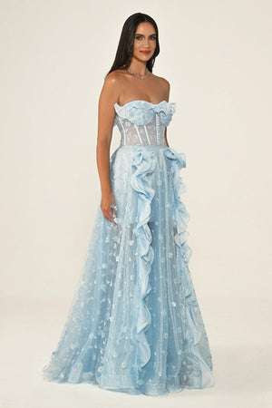 Strapless Corset Waist Double Slit Tulle Long Dress