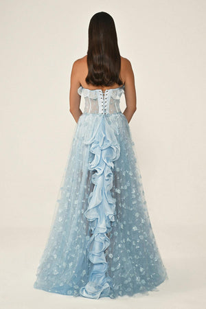 Strapless Corset Waist Double Slit Tulle Long Dress