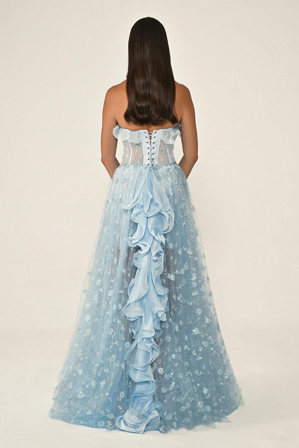 Strapless Corset Waist Double Slit Tulle Long Dress