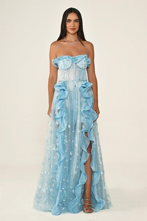 Strapless Corset Waist Double Slit Tulle Long Dress