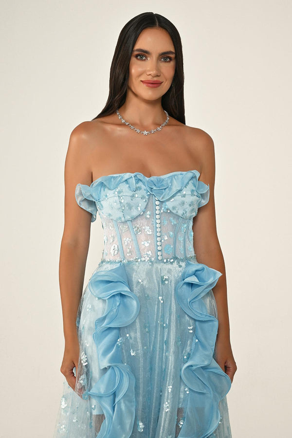 Strapless Corset Waist Double Slit Tulle Long Dress