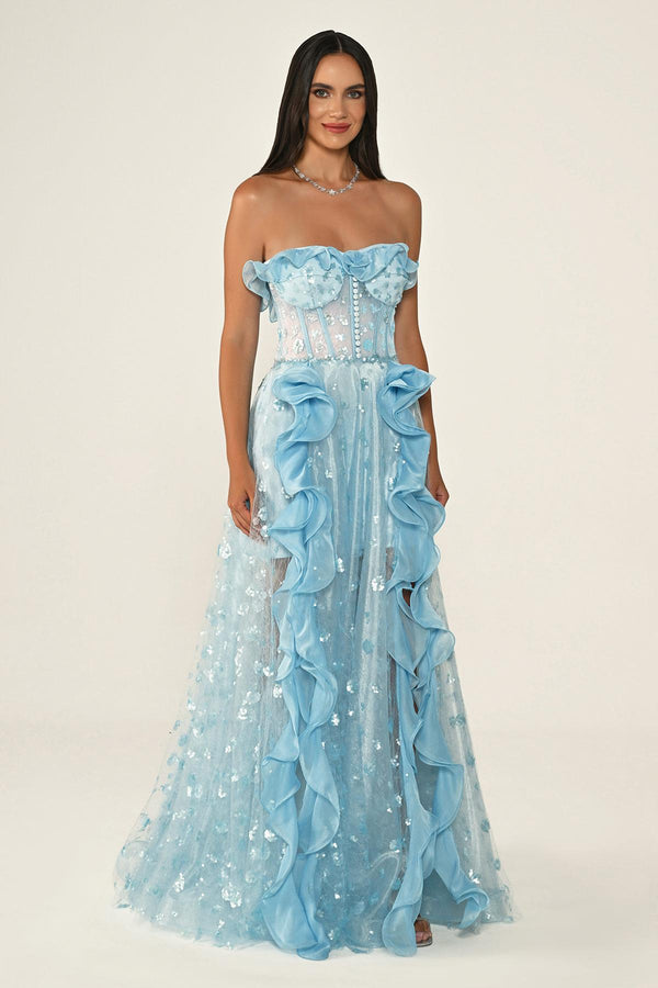 Strapless Corset Waist Double Slit Tulle Long Dress