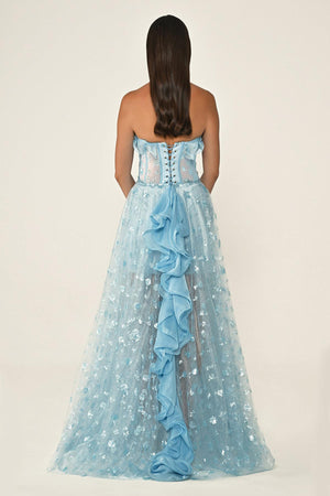 Strapless Corset Waist Double Slit Tulle Long Dress