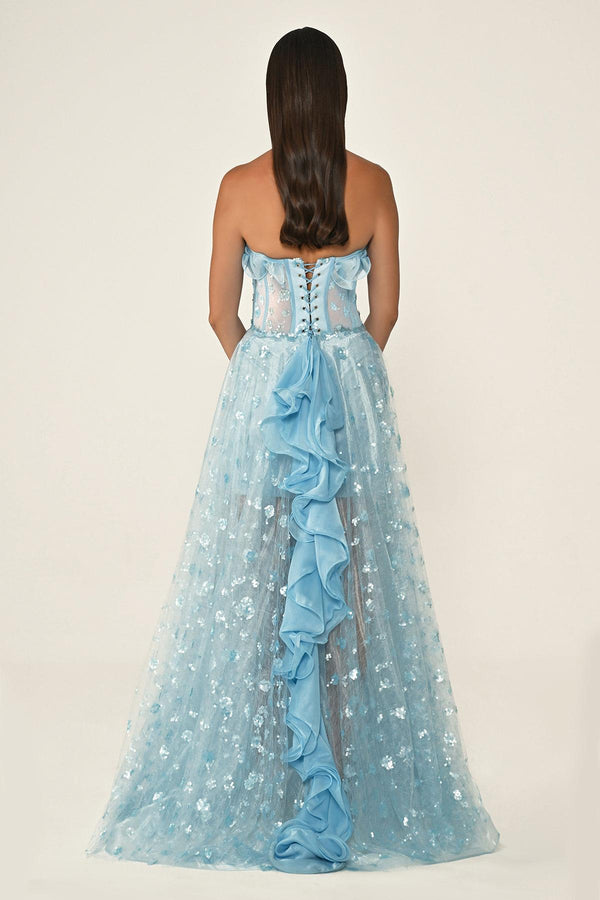 Strapless Corset Waist Double Slit Tulle Long Dress