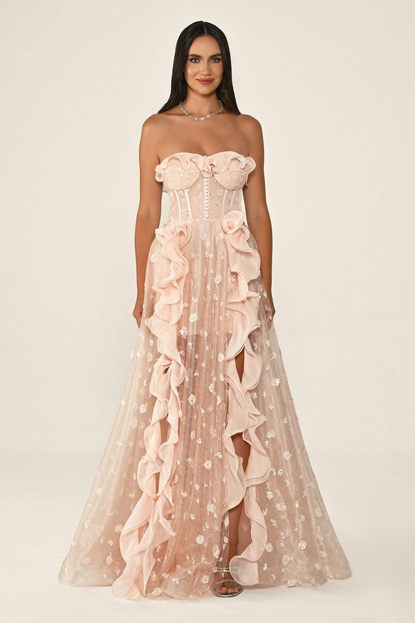 Strapless Corset Waist Double Slit Tulle Long Dress