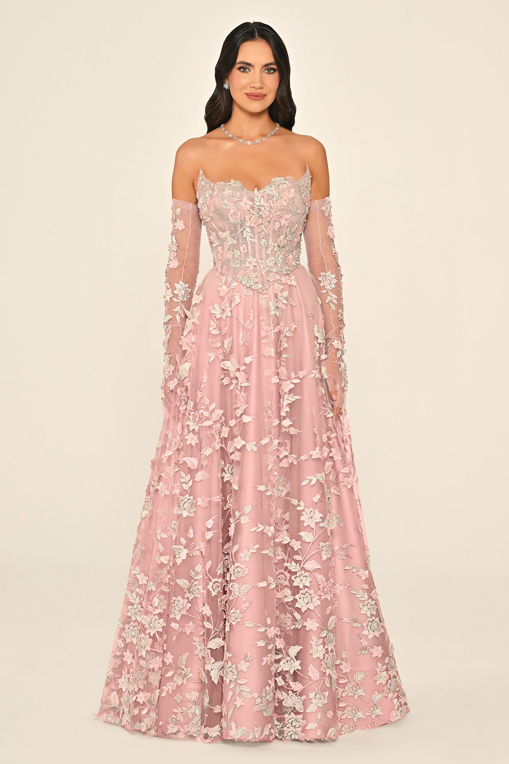 Strapless Corseted Gloved Lace Tulle Long Dress