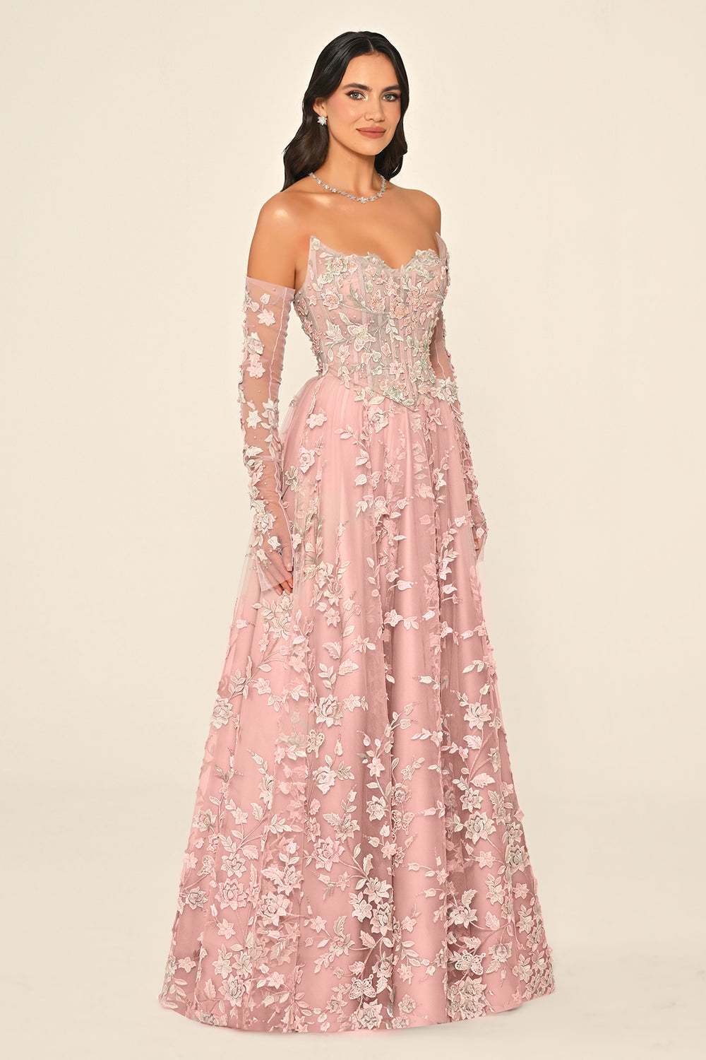 Strapless Corseted Gloved Lace Tulle Long Dress