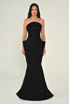 Strapless Sequin Flounced Crepe Long Dress