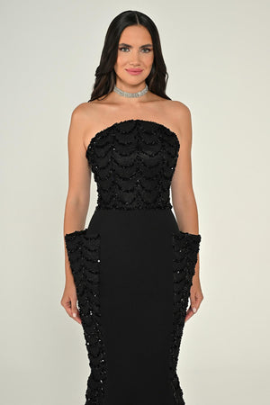 Strapless Sequin Flounced Crepe Long Dress