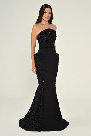 Strapless Sequin Flounced Crepe Long Dress