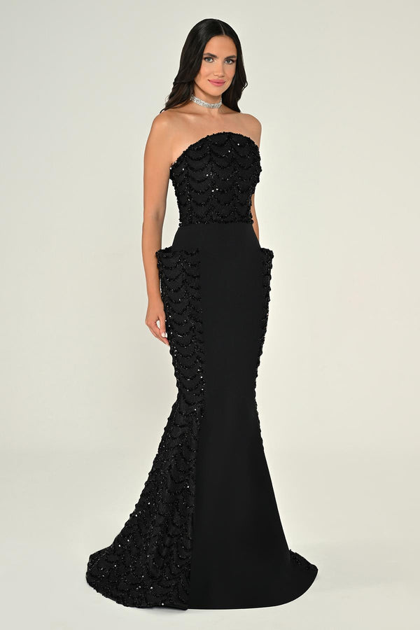 Strapless Sequin Flounced Crepe Long Dress