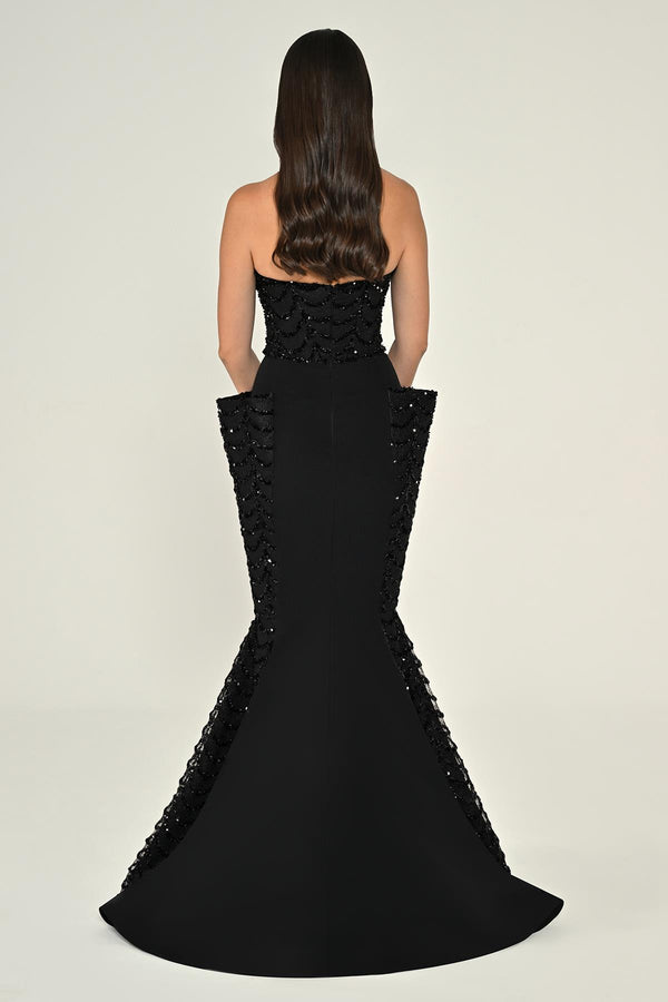 Strapless Sequin Flounced Crepe Long Dress