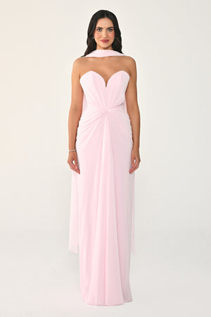 Strapless Shawl-Accessorized Draped Chiffon Long Dress