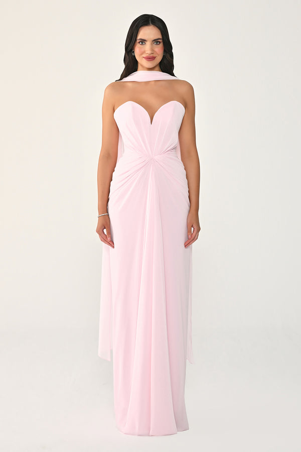 Strapless Shawl-Accessorized Draped Chiffon Long Dress